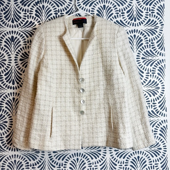 Nina McLemore Jackets & Blazers - Nina McLemore Metallic Stitch Windowpane Tweed Ivory Silk Lined Blazer